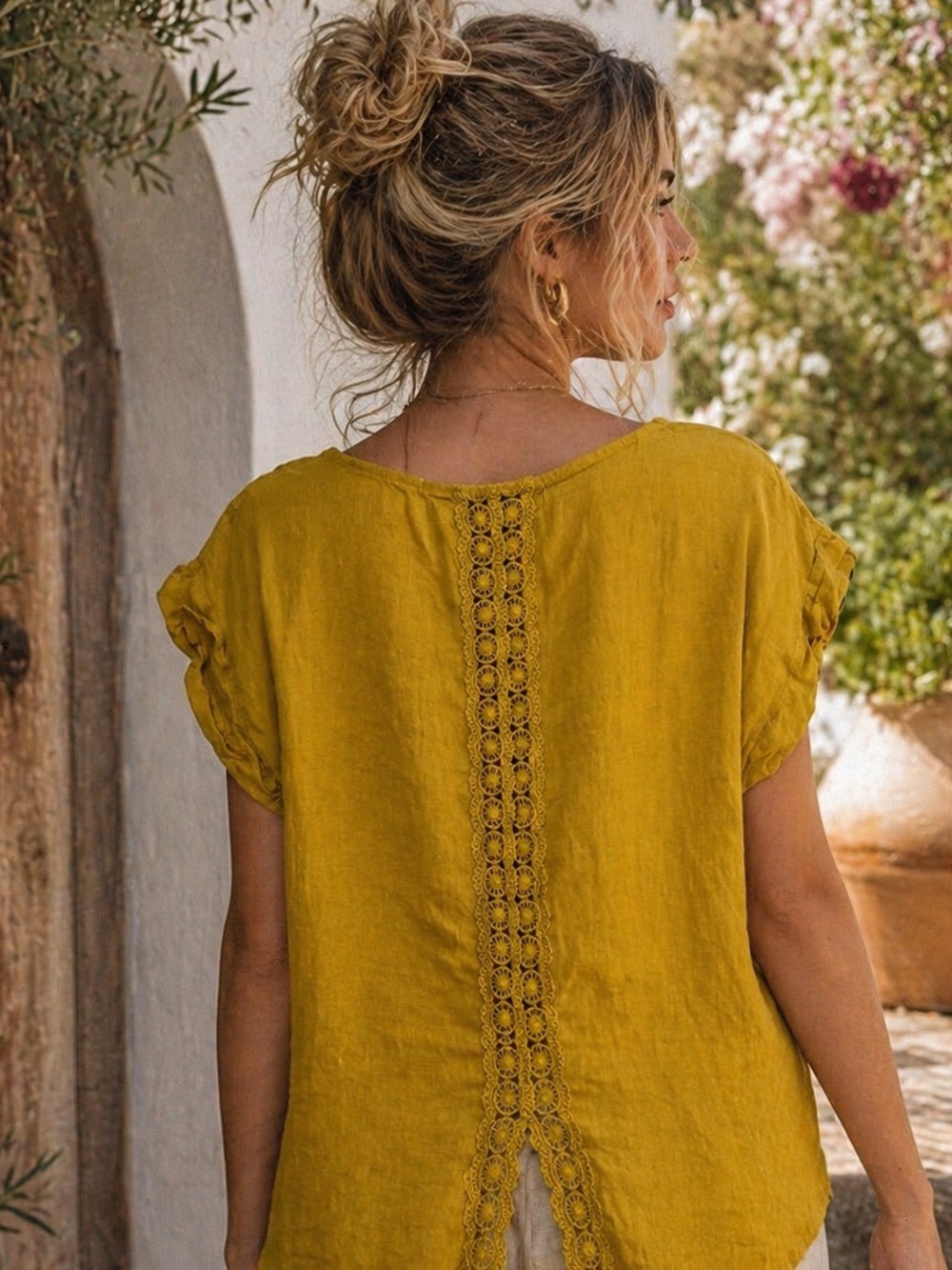 Terzo Millennio Linen Top Yellow Mustard Lace Back Made in Italy Size L